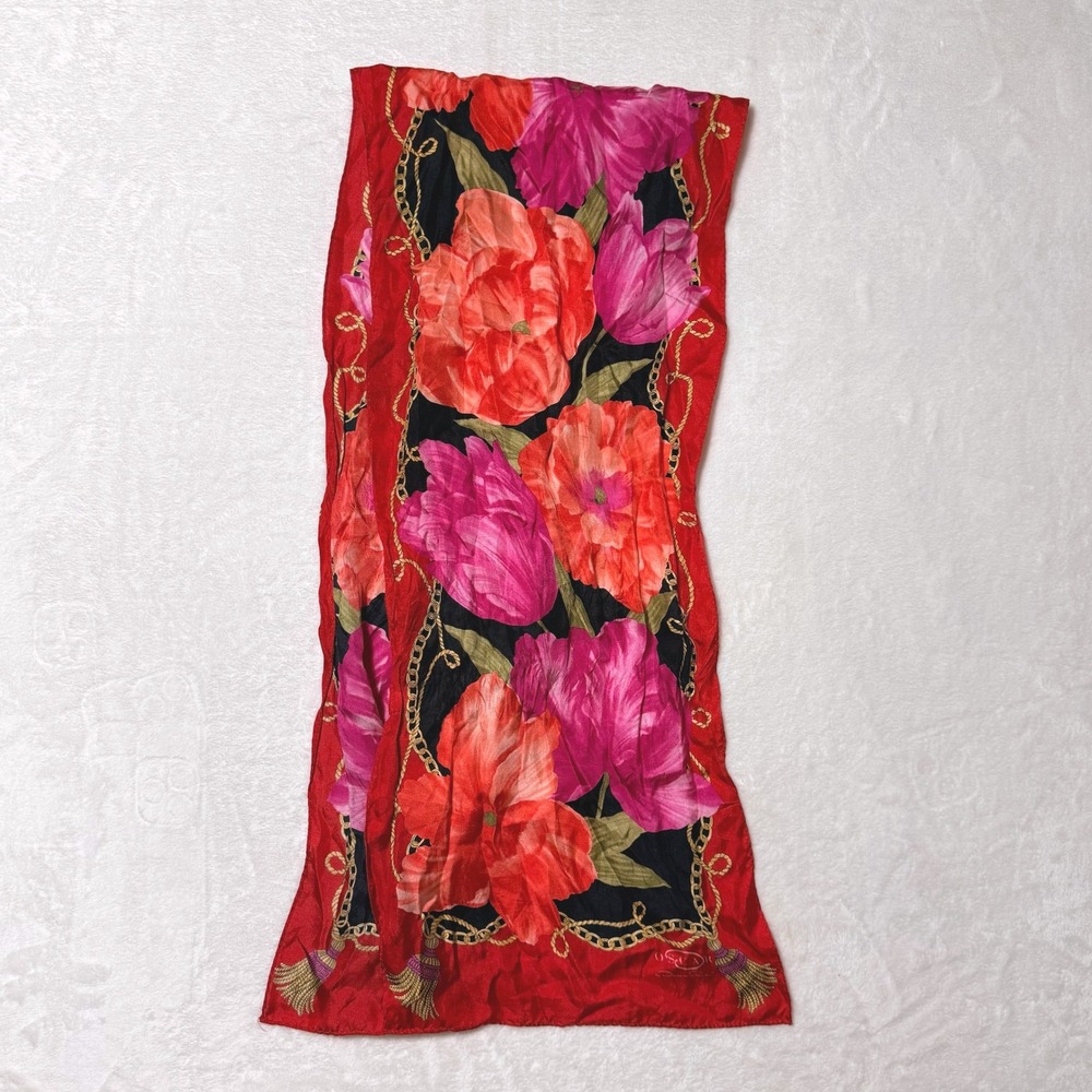 Oscar by Oscar de La Renta Red Silk Floral Chain Tassel DesignPrint Scarf